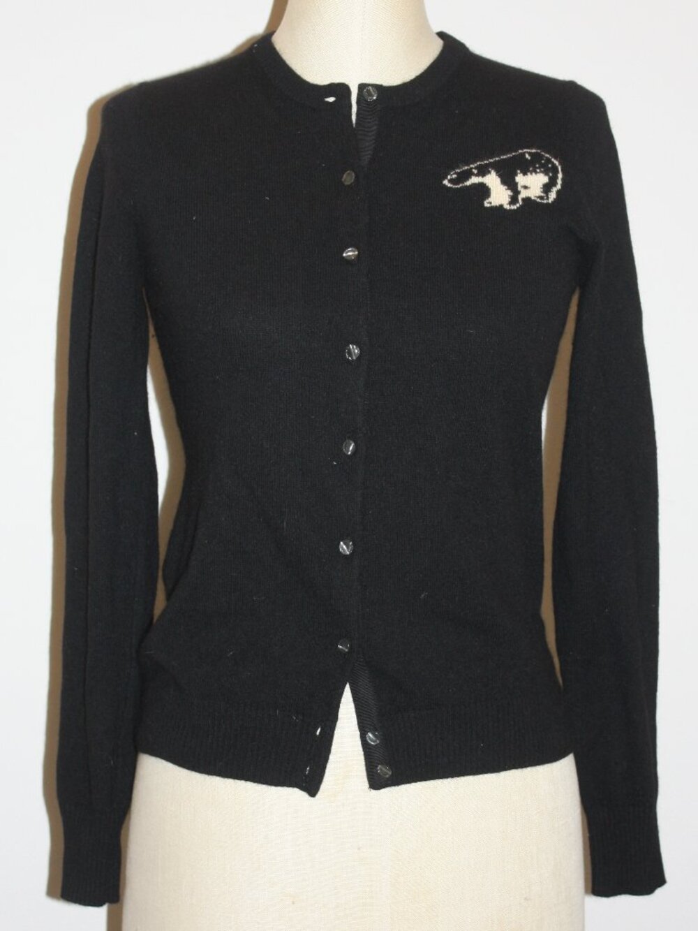 J.CREW BLACK WOOL BLEND OPEN CARDIGAN WITH POLAR BEAR IMAGE - SMALL 2 4